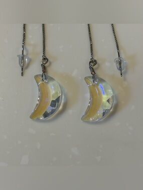 Crystal Crescent Moonstone Threader Earrings - Lavender Iridescent